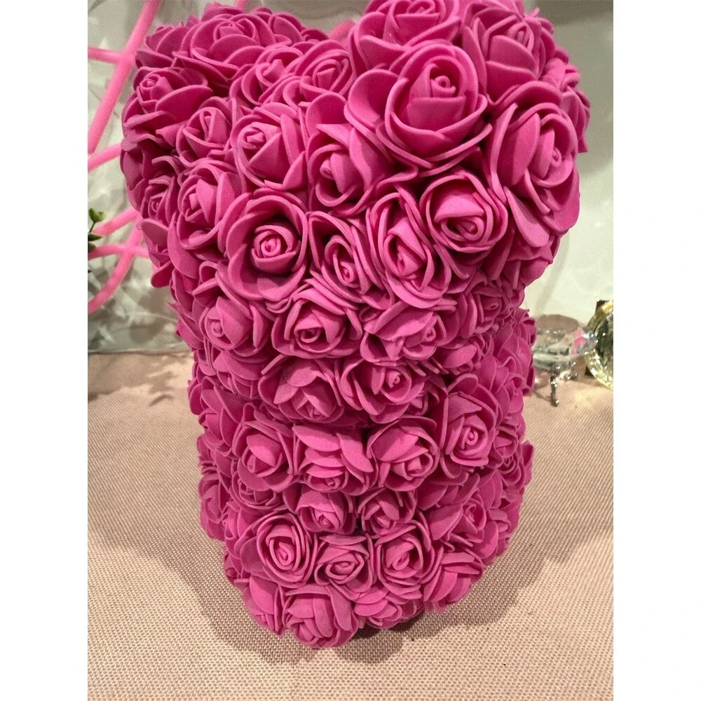 Pink Rose Teddy Bear Artificial Floral Foam Bear w/ 